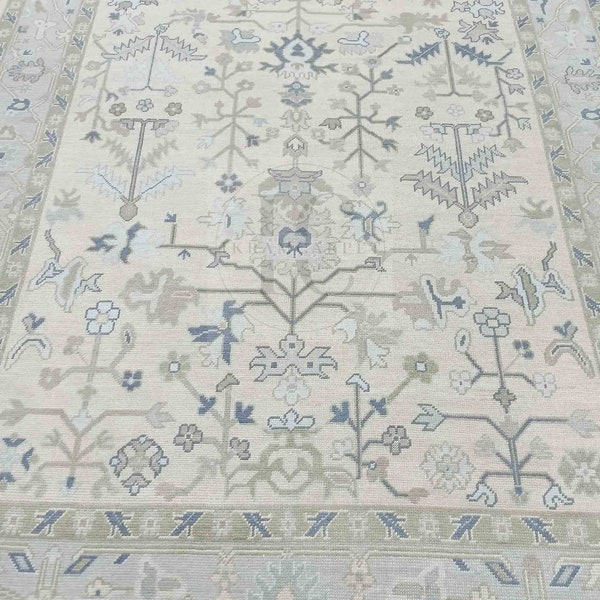 Oushak Rug Hand Knotted 8x10, 9x12, 10x14, Wool Traditional Blue and Ivory Vintage Antique Oushak Wool Area Rug, Living Room Rug