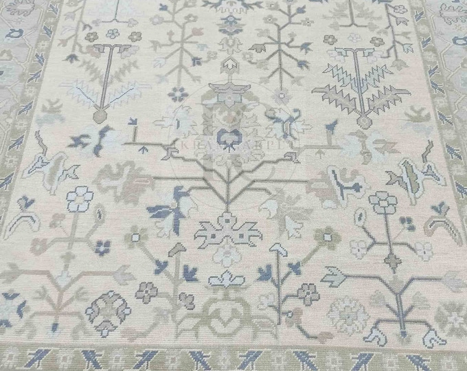 Oushak Rug Hand Knotted 8x10, 9x12, 10x14, Wool Traditional Blue and Ivory Vintage Antique Oushak Wool Area Rug, Living Room Rug