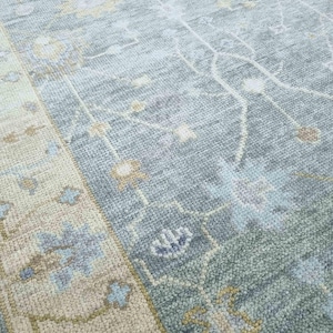 Alfombra Oushak azul salvia de 23 x 30 cm – Alfombra de lana turca anudada a mano / Alfombra vintage a medida para sala de estar