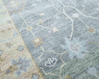 Sage Green Blue Oushak Rug 9x12 – Hand Knotted Turkish Wool Carpet | Custom Size Vintage Area Rug for Living Room