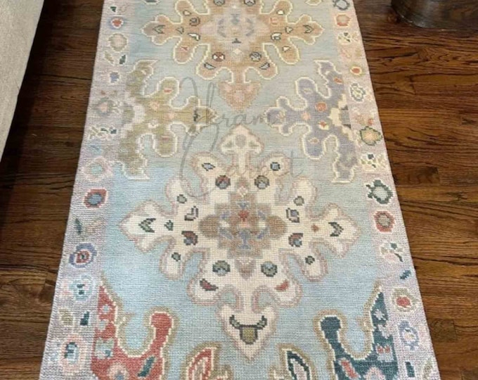Oushak Rug Hand Knotted 8x10, 9x12, 10x14, Wool Traditional Blue and Ivory Vintage Antique Oushak Wool Area Rug, Living Room Rug