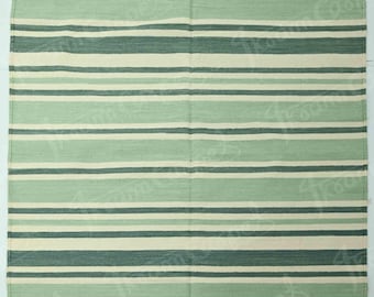 Handmade Green Striped Kilim Rug, Modern Flatweave Cotton Area Rug, Minimalist Scandinavian Rug, Custom Handmade Carpet
