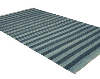 Blue Striped Dhurrie Rug, Handmade Wool Flatweave Rug, Modern Area Rug, Scandinavian Carpet, Contemporary Home Decor