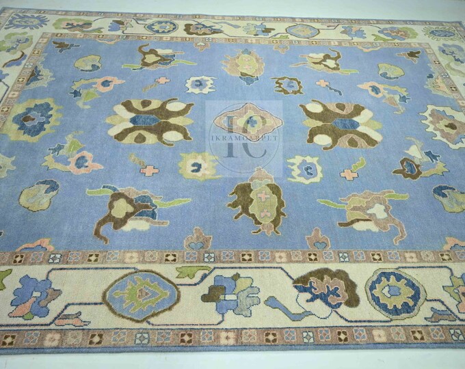 Oushak Rug Hand Knotted 8x10, 9x12, 10x14, Wool Traditional Blue and Ivory Vintage Antique Oushak Wool Area Rug, Living Room Rug