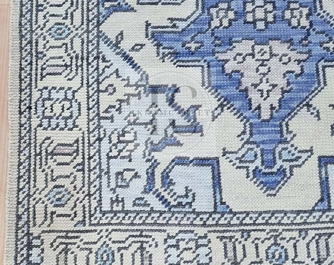 Oushak Rug Hand Knotted 8x10, 9x12, 10x14, Wool Traditional Blue and Ivory Vintage Antique Oushak Wool Area Rug, Living Room Rug