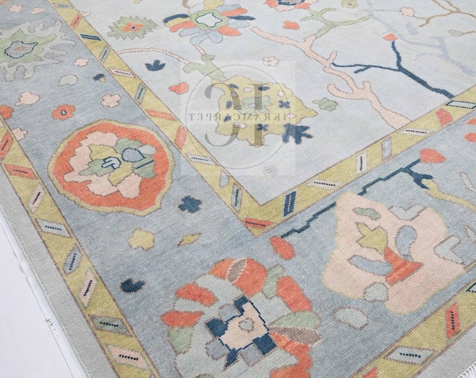 Light Gray Coral Oushak Rug 8x10 9x12 – Hand-Knotted Turkish Wool Carpet | Custom Pastel New Zealand Wool Area Rug