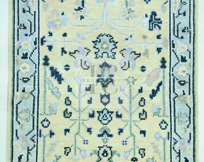 Oushak Rug Hand Knotted 8x10, 9x12, 10x14, Wool Traditional Blue and Ivory Vintage Antique Oushak Wool Area Rug, Living Room Rug