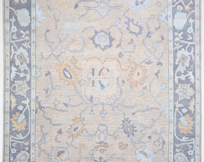 Oushak Rug Hand Knotted Ivory, Rust and Blue Antique Turkish Heriz Serapi Wool Rug, 5x8, 6x9, 8x10 and 9x12 Living Room Rug