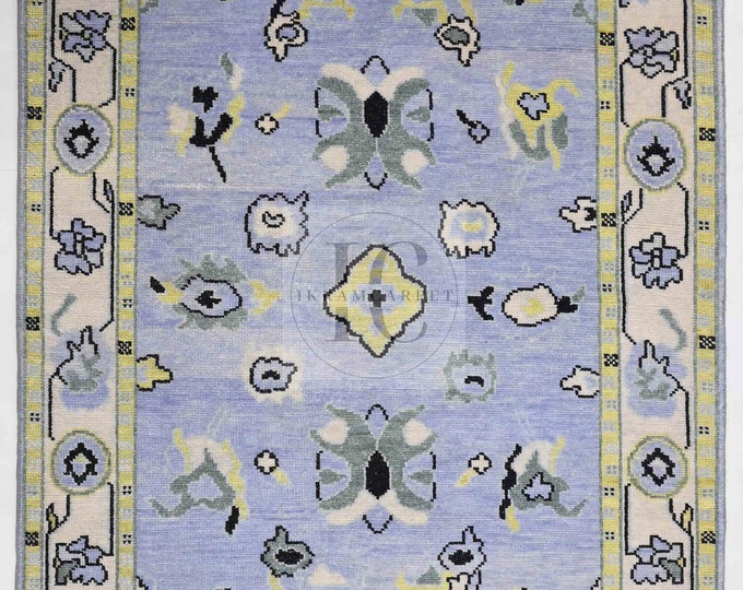 Oushak Rug Hand Knotted 8x10, 9x12, 10x14, Wool Traditional Blue and Ivory Vintage Antique Oushak Wool Area Rug, Living Room Rug