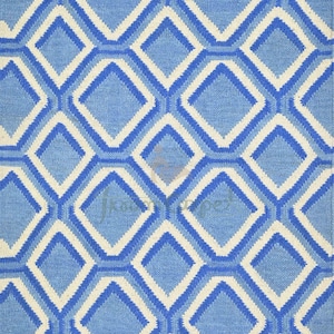 Blue Geometric Wool Rug, Handmade Diamond Pattern Area Rug, Modern Contemporary Accent Carpet, Custom Trellis Rug Decor