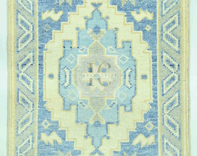 Oushak Rug Hand Knotted 8x10, 9x12, 10x14, Wool Traditional Blue and Ivory Vintage Antique Oushak Wool Area Rug, Living Room Rug