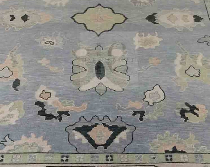 Oushak Rug Hand Knotted 8x10, 9x12, 10x14, Wool Traditional Blue and Ivory Vintage Antique Oushak Wool Area Rug, Living Room Rug