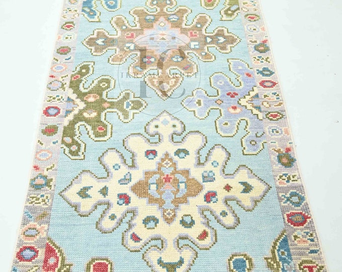 Oushak Rug Hand Knotted 8x10, 9x12, 10x14, Wool Traditional Blue and Ivory Vintage Antique Oushak Wool Area Rug, Living Room Rug
