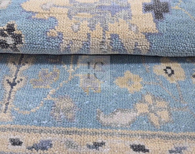 Oushak Rug Hand Knotted 8x10, 9x12, 10x14, Wool Traditional Blue and Ivory Vintage Antique Oushak Wool Area Rug, Living Room Rug