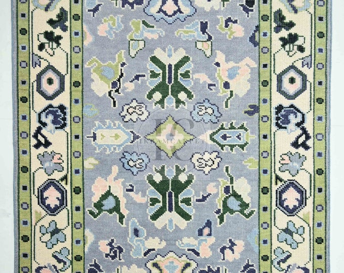 Oushak Rug Hand Knotted 8x10, 9x12, 10x14, Wool Traditional Blue and Ivory Vintage Antique Oushak Wool Area Rug, Living Room Rug