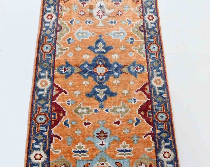 Oushak Rug Hand Knotted 8x10, 9x12, 10x14, Wool Traditional Blue and Ivory Vintage Antique Oushak Wool Area Rug, Living Room Rug