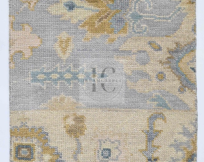 Oushak Rug Hand Knotted 8x10, 9x12, 10x14, Wool Traditional Blue and Ivory Vintage Antique Oushak Wool Area Rug, Living Room Rug