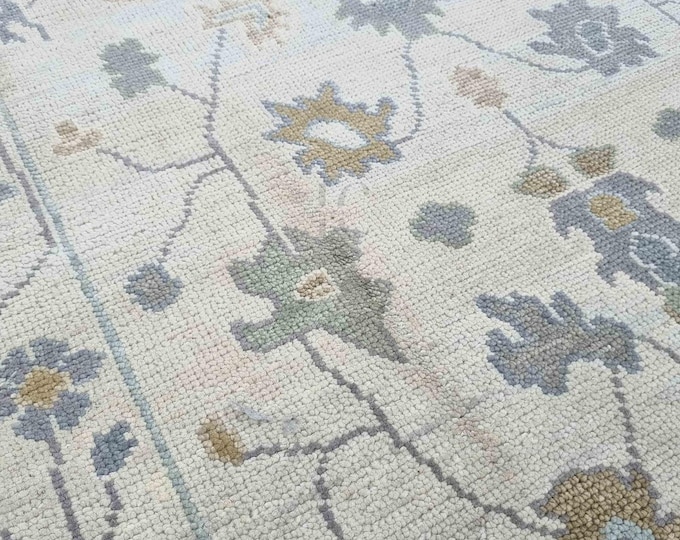 Ivory Blue Sage Oushak Rug for Living Room 8x10 9x12 10x14 – Hand-Knotted Turkish Wool Carpet | Custom New Zealand Wool Area Rug