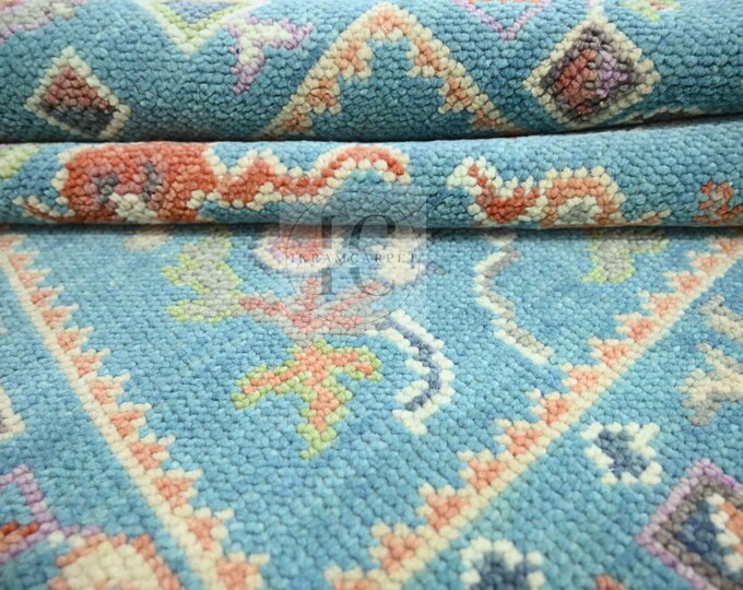 Oushak Rug Hand Knotted 8x10, 9x12, 10x14, Wool Traditional Blue and Ivory Vintage Antique Oushak Wool Area Rug, Living Room Rug