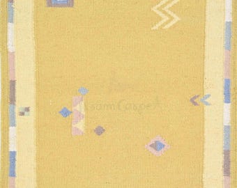 Handmade Swedish Wool Rug, Mustard Yellow Flatweave Rug, Scandinavian Minimalist Carpet, Nordic Folk Art Area Rug, Swedish Kilim Decor