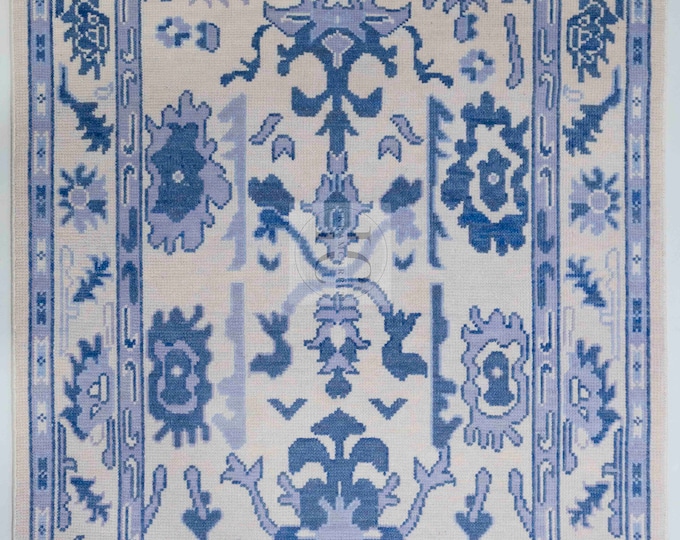 Oushak Rug Hand Knotted 8x10, 9x12, 10x14, Wool Traditional Blue and Ivory Vintage Antique Oushak Wool Area Rug, Living Room Rug