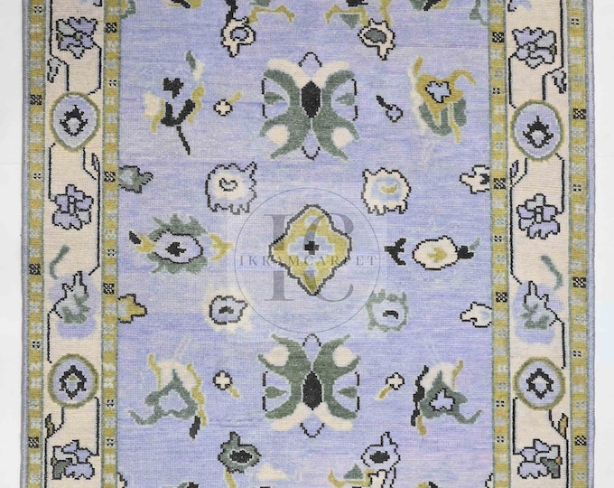 Oushak Rug Hand Knotted 8x10, 9x12, 10x14, Wool Traditional Blue and Ivory Vintage Antique Oushak Wool Area Rug, Living Room Rug