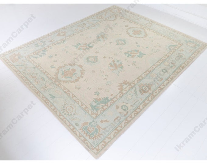 Oushak Rug Hand Knotted 8x10, 9x12, 10x14, Wool Traditional Blue and Ivory Vintage Antique Oushak Wool Area Rug, Living Room Rug