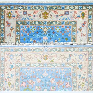 Oushak Rug Hand Knotted Ivory, Blue Antique Turkish Wool Rug, 5x8, 6x9, 8x10 and 9x12 Living Room Rug