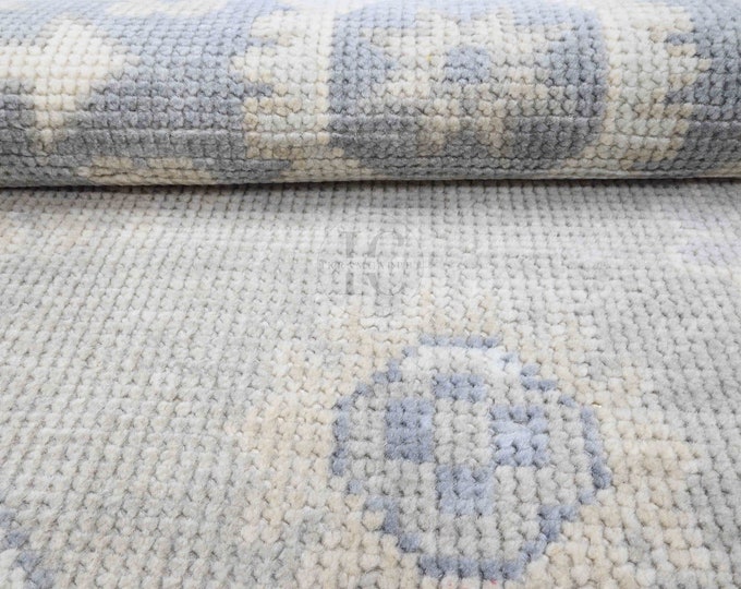 Oushak Rug Hand Knotted 8x10, 9x12, 10x14, Wool Traditional Blue and Ivory Vintage Antique Oushak Wool Area Rug, Living Room Rug