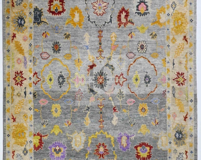 Oushak Rug Hand Knotted 8x10, 9x12, 10x14, Wool Traditional Blue and Ivory Vintage Antique Oushak Wool Area Rug, Living Room Rug