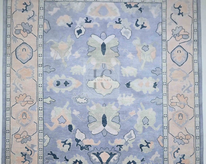 Oushak Rug Hand Knotted 8x10, 9x12, 10x14, Wool Traditional Blue and Ivory Vintage Antique Oushak Wool Area Rug, Living Room Rug