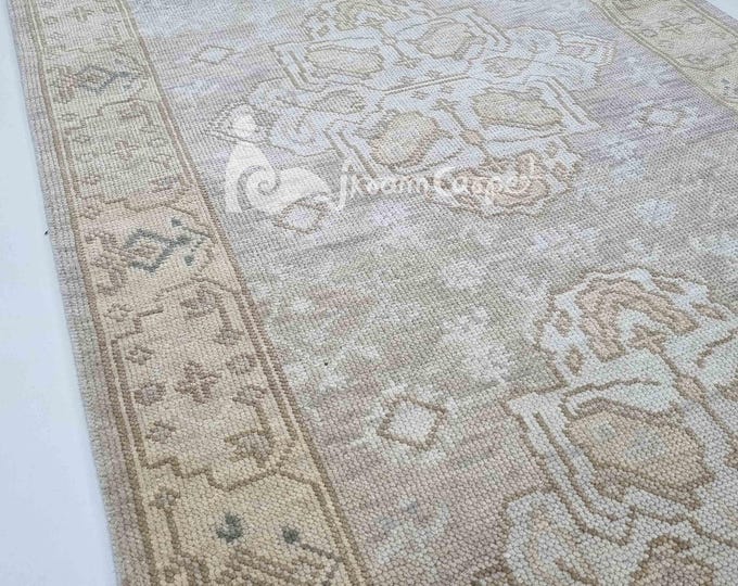 Ivory Beige Oushak Rug 9x12 – Hand Knotted Turkish Wool Carpet | Custom Size Vintage Area Rug for Living Room