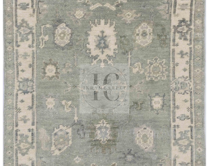 Sage Green Ivory Oushak Rug 8x10 9x12 – Hand-Knotted Turkish Wool Carpet | Custom New Zealand Wool Area Rug Pastel