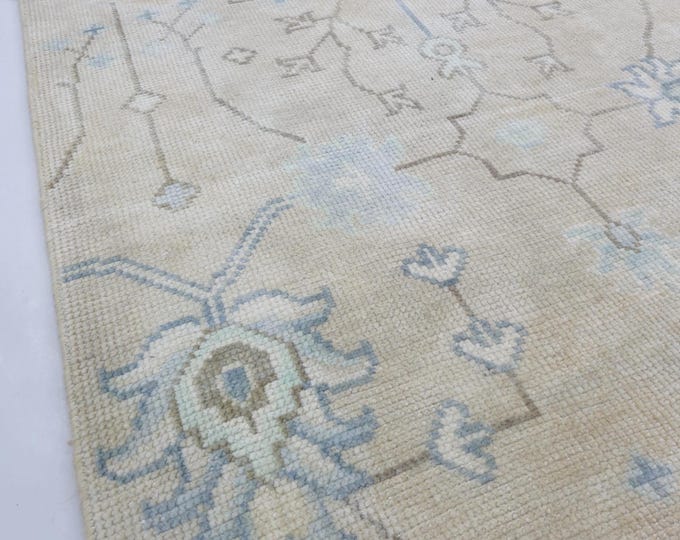 Ivory Blue Oushak Rug 9x12 – Hand Knotted Turkish Wool Carpet | Custom Size Neutral Area Rug for Living Room