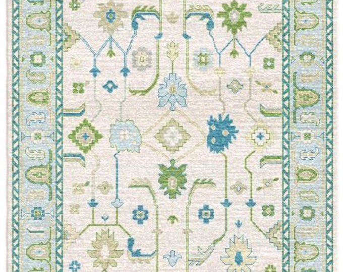 Oushak Rug Hand Knotted 8x10, 9x12, 10x14, Wool Traditional Blue and Ivory Vintage Antique Oushak Wool Area Rug, Living Room Rug