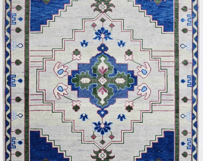 Oushak Rug Hand Knotted 8x10, 9x12, 10x14, Wool Traditional Blue and Ivory Vintage Antique Oushak Wool Area Rug, Living Room Rug