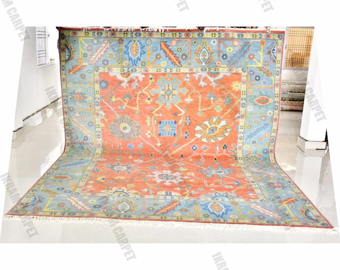 Burnt Orange Blue Oushak Rug 8x10 9x12 10x14 – Hand-Knotted Turkish Wool Carpet | Custom New Zealand Wool Area Rug