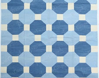 Handmade Blue Geometric Kilim Rug, Modern Flatweave Cotton Area Rug, Scandinavian Checkerboard Rug, Custom Living Room Carpet