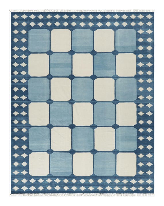 Handmade Swedish Checkerboard Rug, Blue White Wool Area Rug, Scandinavian Flatweave Carpet, Nordic Geometric Rug, Modern Farmhouse Decor