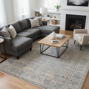 Alfombra Oushak gris azulada de 8x10, 9x12 y 10x14 – Alfombra de lana turca anudada a mano / Alfombra de lana neozelandesa personalizada