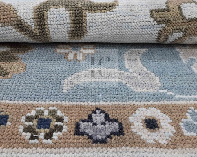 Oushak Rug Hand Knotted 8x10, 9x12, 10x14, Wool Traditional Blue and Ivory Vintage Antique Oushak Wool Area Rug, Living Room Rug