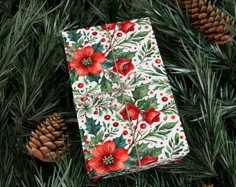 Festive Christmas Wrapping Paper, Holiday Gift Wrap for Presents, Floral Print, Winter Celebration, Gift Giving