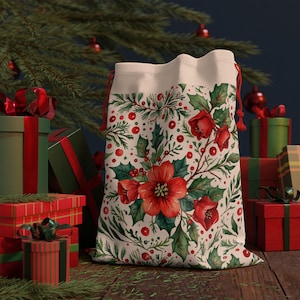 Bloemen kerstcadeauzakje, vakantiecadeauzakje, feestelijke tas met trekkoord, milieuvriendelijke cadeauhouder, winterdecoratie