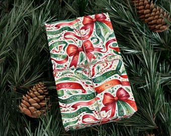 Festive Wrapping Paper for Holiday Gifts, Christmas Gift Wrap, Holiday Decor, Seasonal Gift Wrapping, Bow and Ribbon Pattern
