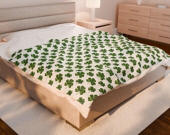 Cozy Shamrock Velveteen Blanket, St. Patrick's Day Decor, Soft Plush Blanket, Irish Gift, Home Cozy Throw, Green Folklore
