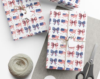 Patriotic Gift Wrap Papers, 4th of July, Birthday Parties, Baby Showers, Holiday Wrap, Festive Bow Design