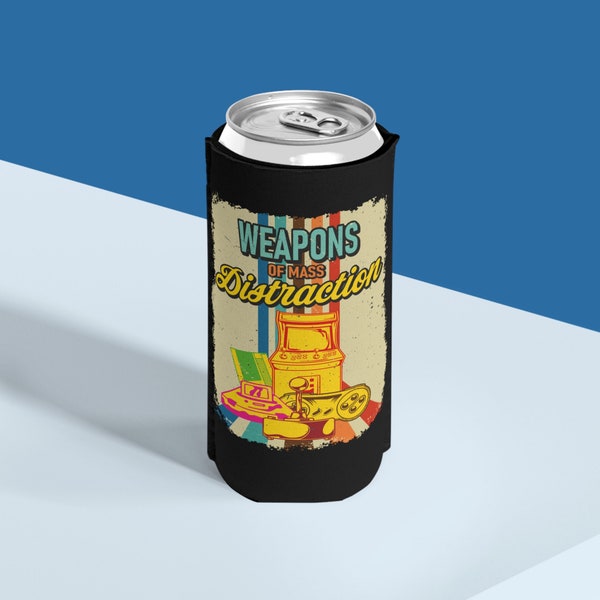 Weapons of Mass Distraction Retro Gamer Slim Can Cooler | Barware | Video Game Gift | Beverage Holder | Beer Accessories | Gaming Gift