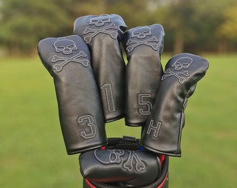 Skulls Golf Headcovers Black Leather Embroidery Driver cover Fairway Woods Hybrid 3pc set