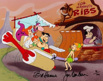 May include: A cartoon illustration of the Flintstones family driving a car made of a giant bone. The car is labelled "Ed's Mammoth Ribs". The illustration is signed by Bill Hanna and Joe Barbera.