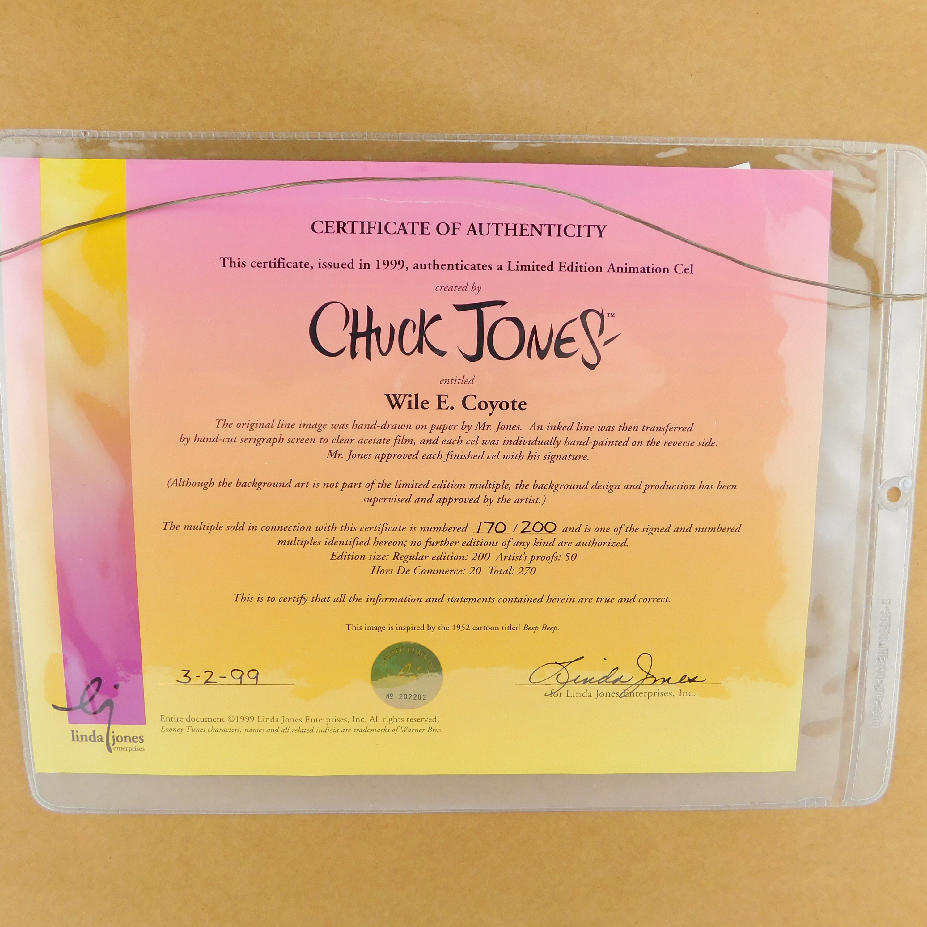 WILE E. COYOTE Chuck Jones Signed Cel Limited Edition Art Cell